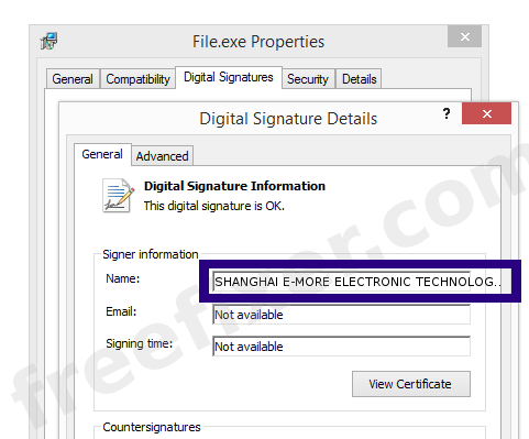 Screenshot of the SHANGHAI E-MORE ELECTRONIC TECHNOLOGY CO., LTD certificate